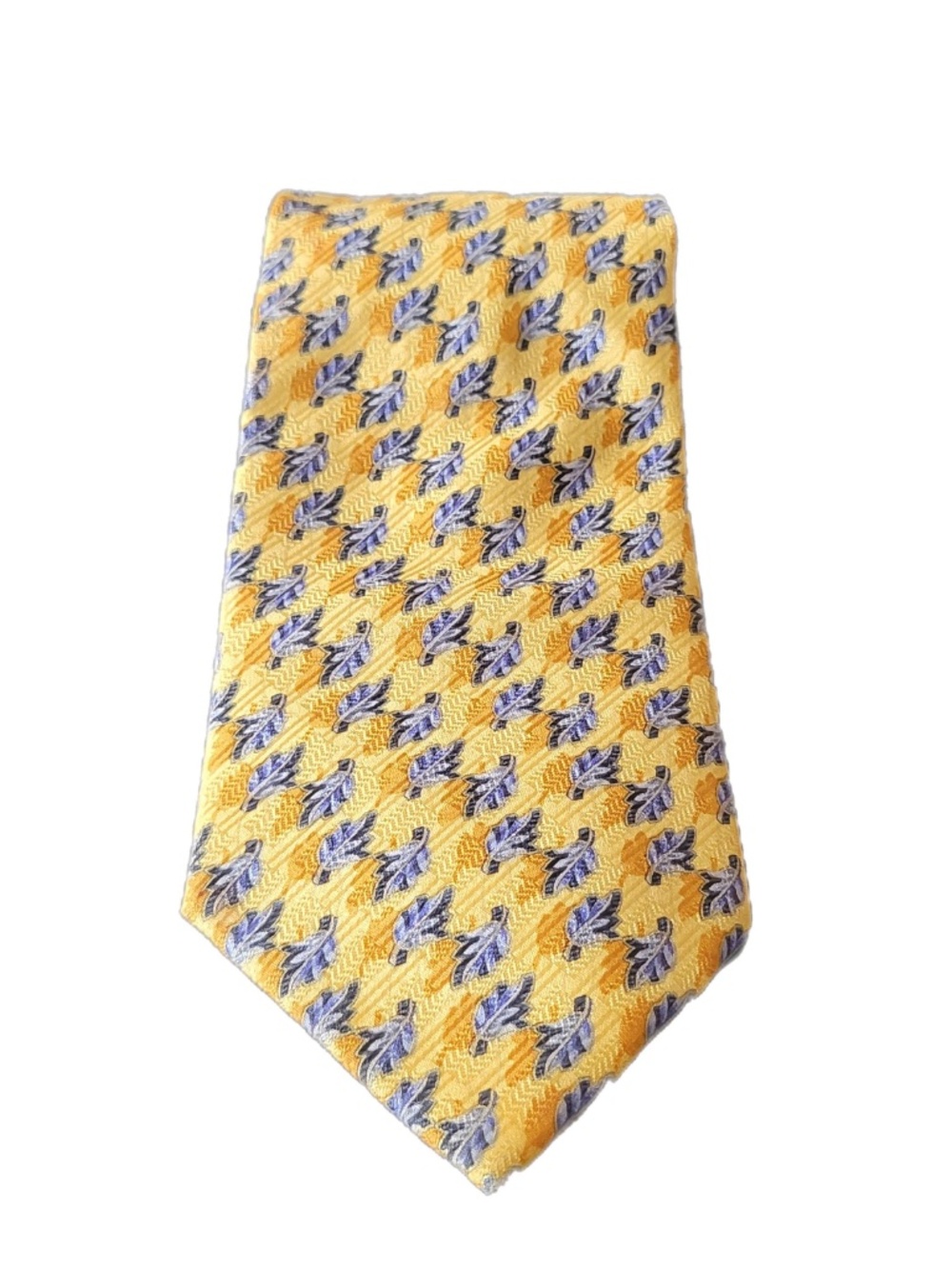 Silk Tie Yellow & Blue Leaf Pattern Made in Italy 57.5” X 4”